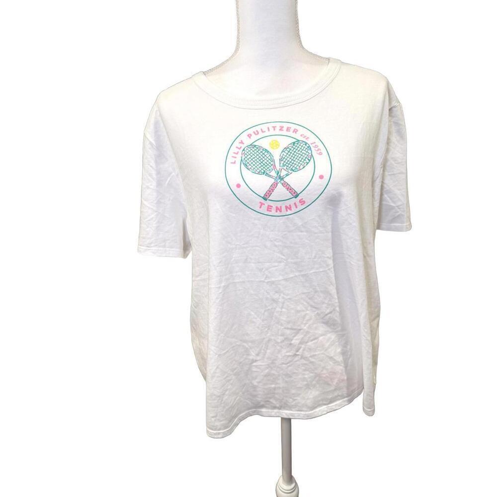 Lilly Pulitzer White Tennis Graphic Short Sleeve T-Shirt, Large NWOT